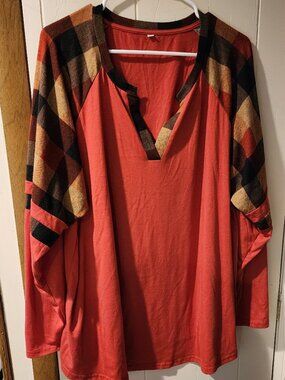 **Red & Plaid Raglan Top 4XL | Buffalo Check Sleeve Long Sleeve Shirt**